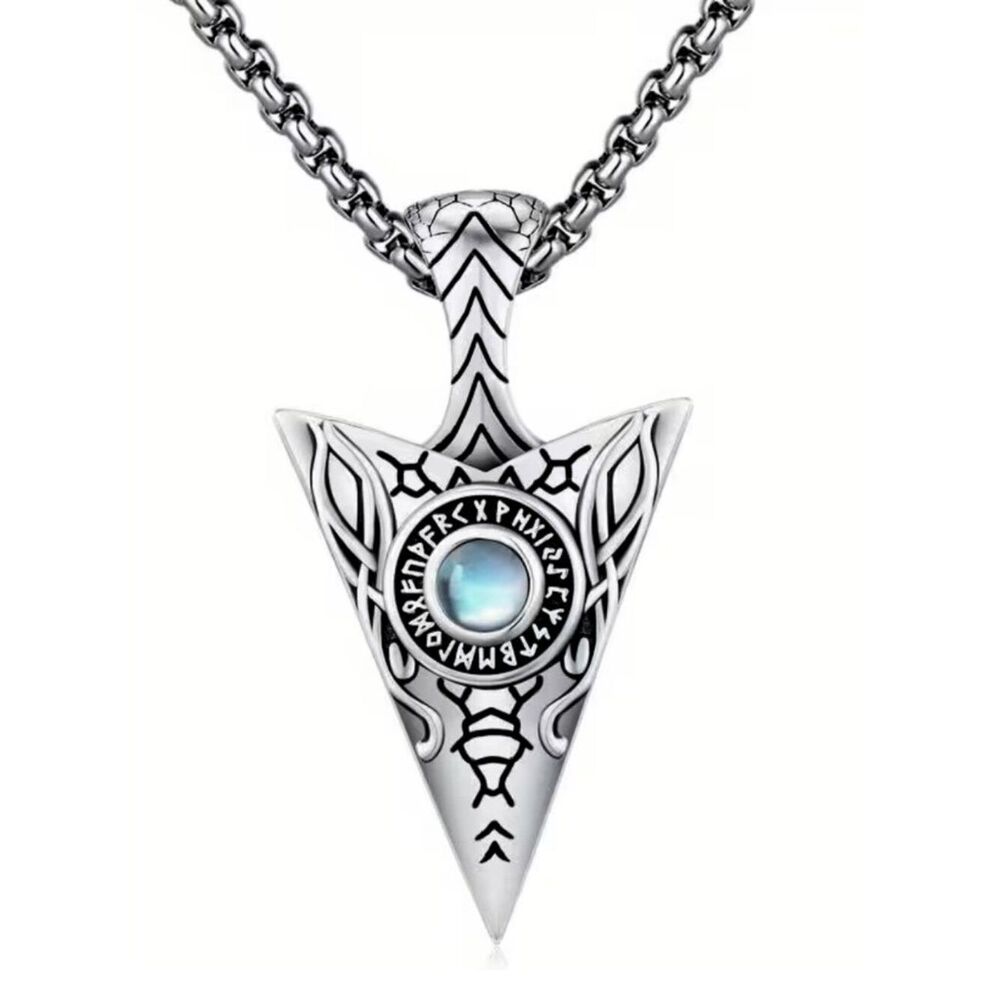 Viking Inspired Norse god Odin Arrowhead Necklace Synthetic Blue Moonstone